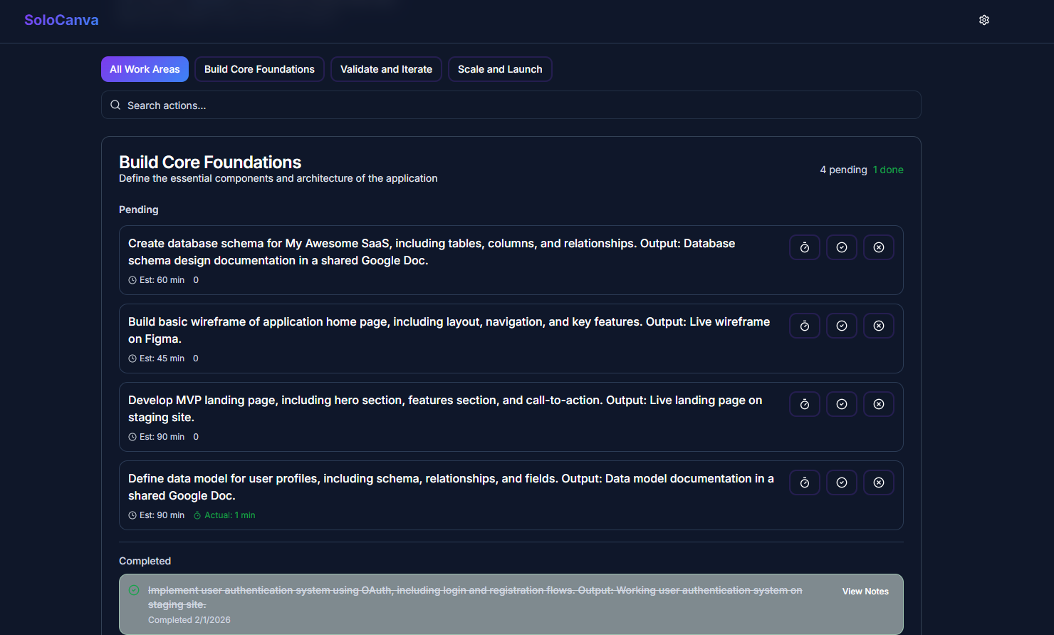SoloCanva Actions showing execution tasks with timers