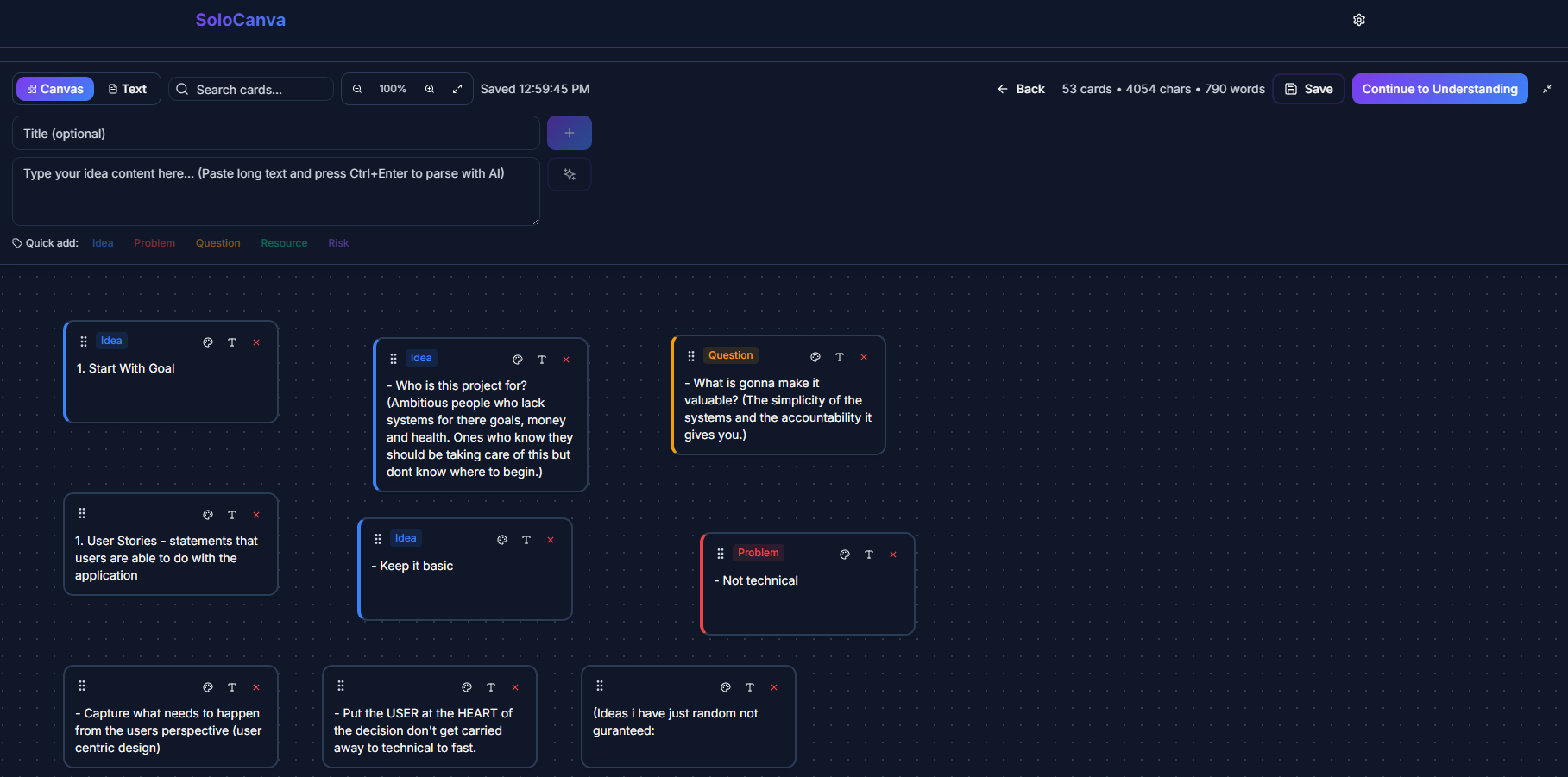 SoloCanva Spatial Canvas showing visual brain dump
