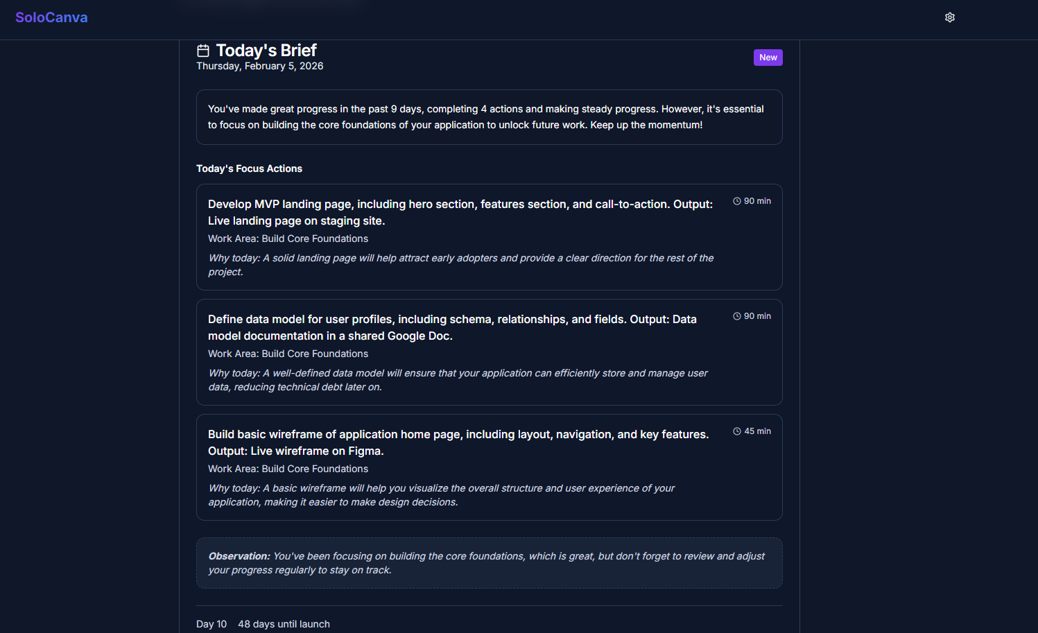SoloCanva Daily Brief showing personalized action plan
